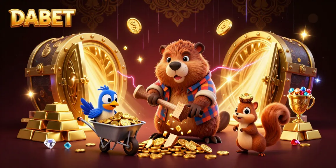 DABET highlights a vibrant 3D beaver scene filled with coins, gems, and casino treasures, showcasing winning potential.