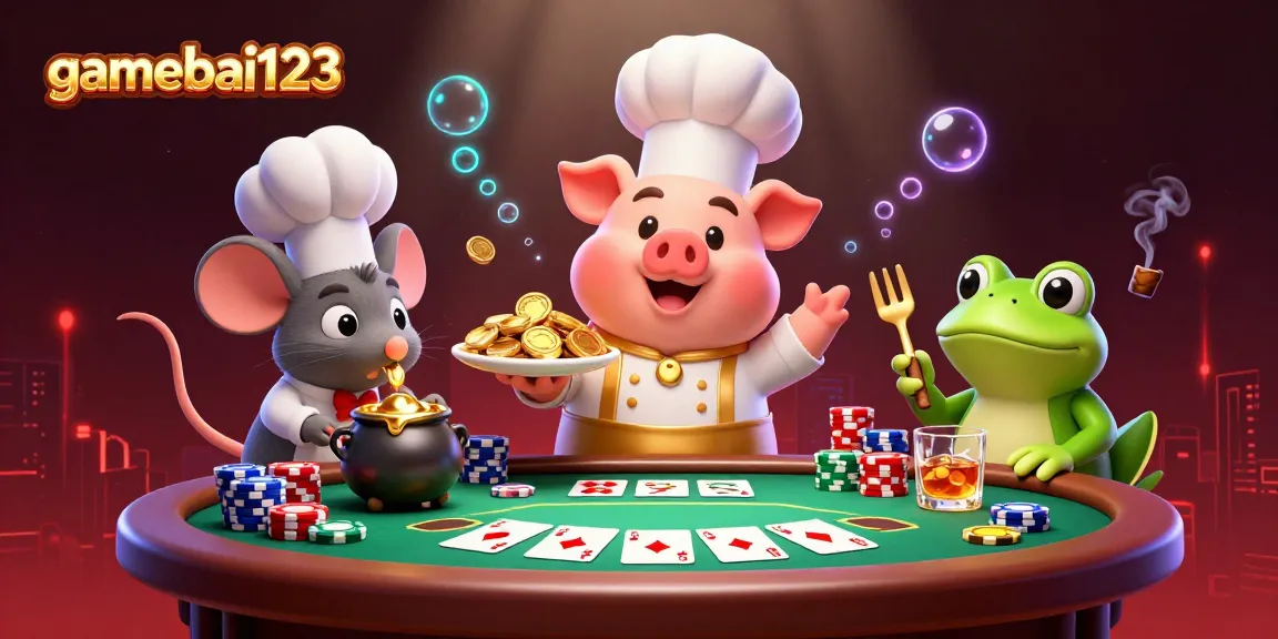 Win with gamebai123! A lively scene of characters at a vibrant poker table with gold coins and rich gaming elements.