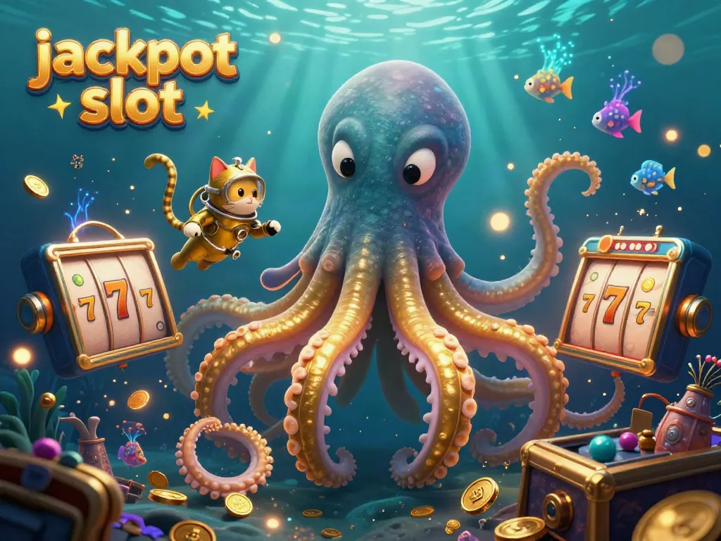 Spin the jackpot slot reels in this vibrant underwater fantasy featuring a kraken and diving cat.
