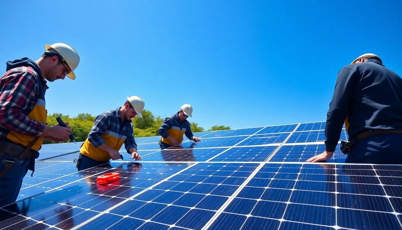 Technicians performing commercial solar maintenance New Jersey on solar panels in a bright, professional setting.