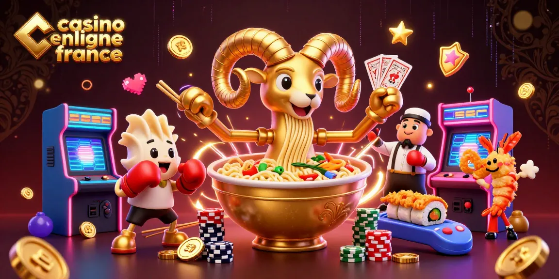 Jouez à casino en ligne france avec un bol de ramen géant en train de distribuer des cartes, entouré d'éléments ludiques.